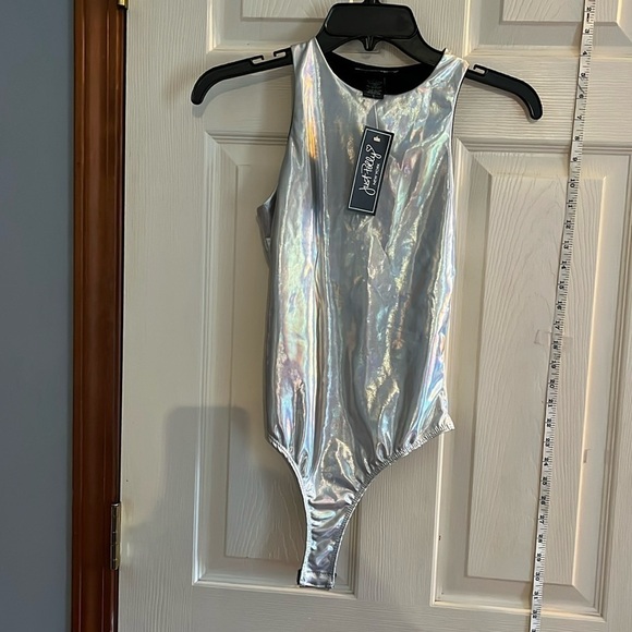 Just Polly Tops - NWT-just poly-S-silver-Holographic shiny, stretchy sleeveless, bodysuit/tank top